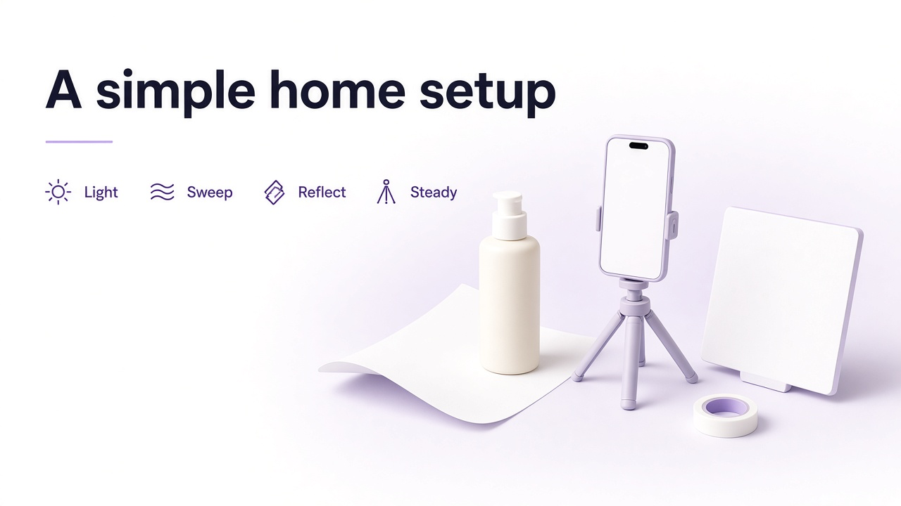 Produktfotografering hemma med fönsterljus, vit bakgrund, mobilkamera på stativ och reflexskärm i skumplast