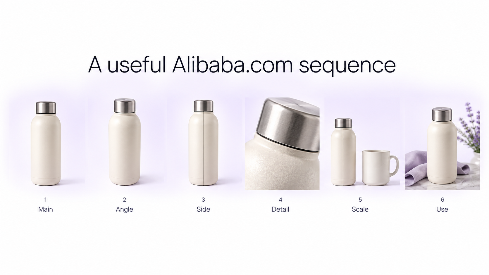 Séquence de la galerie de produits Alibaba.com, d'une image principale blanche aux vues d'angle, de détail, d'échelle et d'utilisation