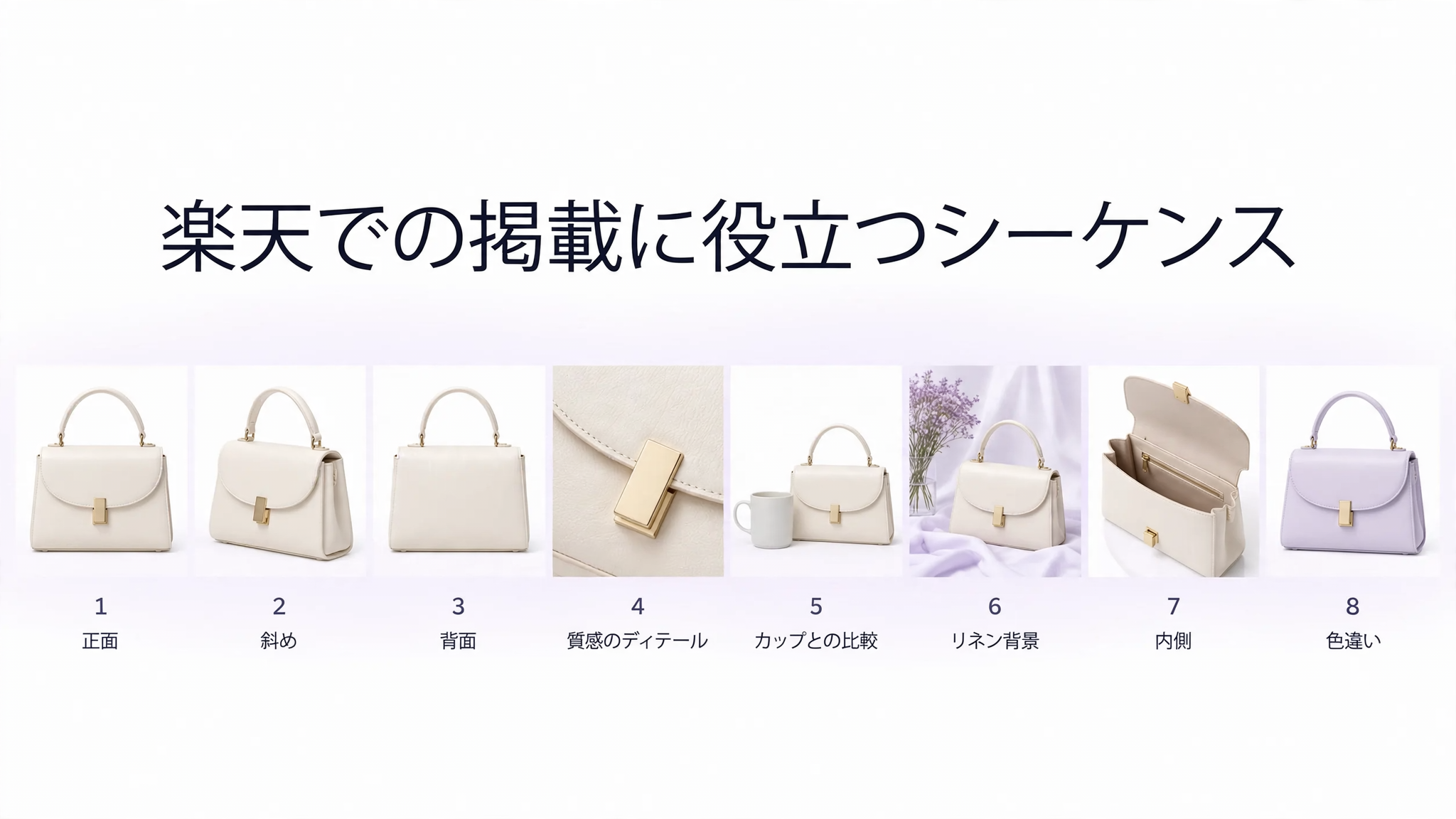 楽天の商品ギャラリー。正方形の最初の画像から、アングル、ディテール、ライフスタイルの順に表示されます。