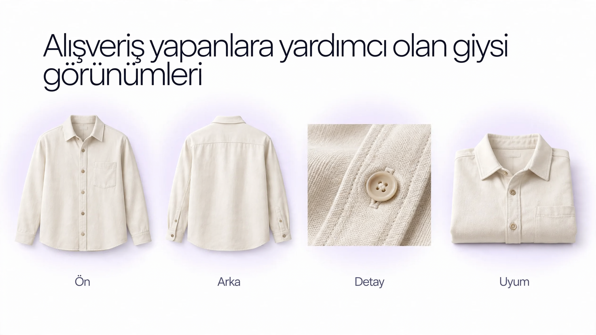 Trendyol moda ilanı için ön, arka, detay ve kalıp görünümlerini gösteren giyim fotoğrafları