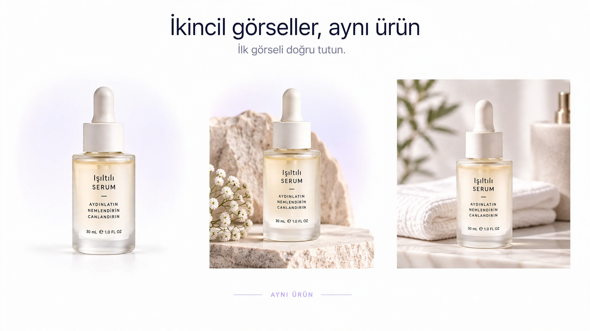 Aynı ürünün temiz katalog karesi ile ek stüdyo ve yaşam tarzı varyasyonları