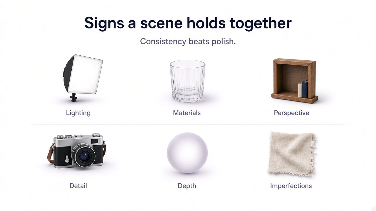 Visual clues for realistic AI images including lighting, materials, perspective, detail, depth, and natural imperfections