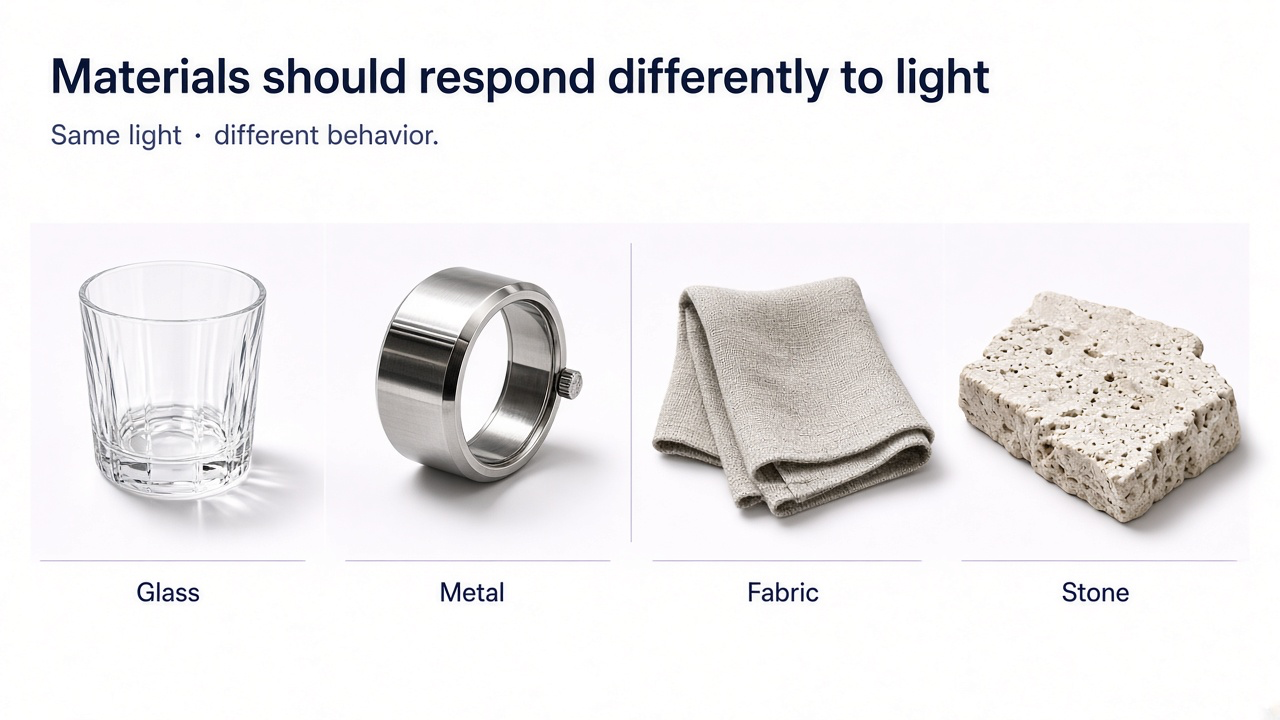Material realism comparison for glass, metal, fabric, stone, and food under natural light