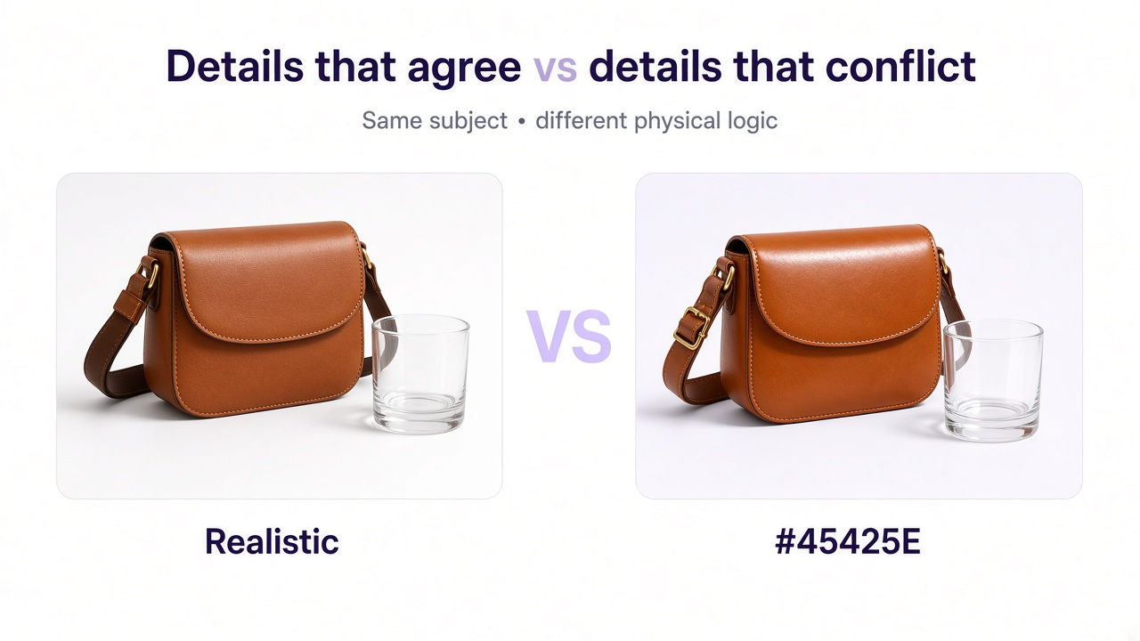 Comparison of realistic versus artificial AI image qualities for lighting, materials, depth, and reflections
