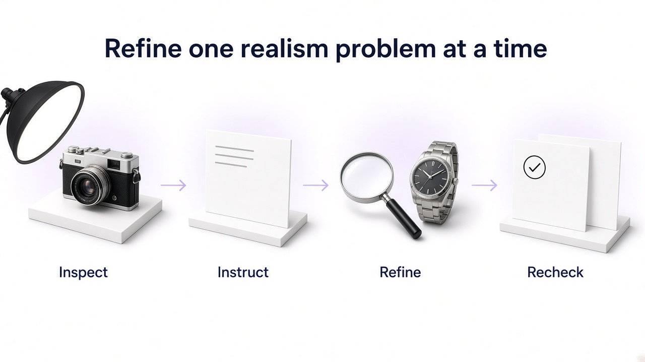 Workflow for improving AI image realism by identifying issues, describing fixes, preserving what works, and refining