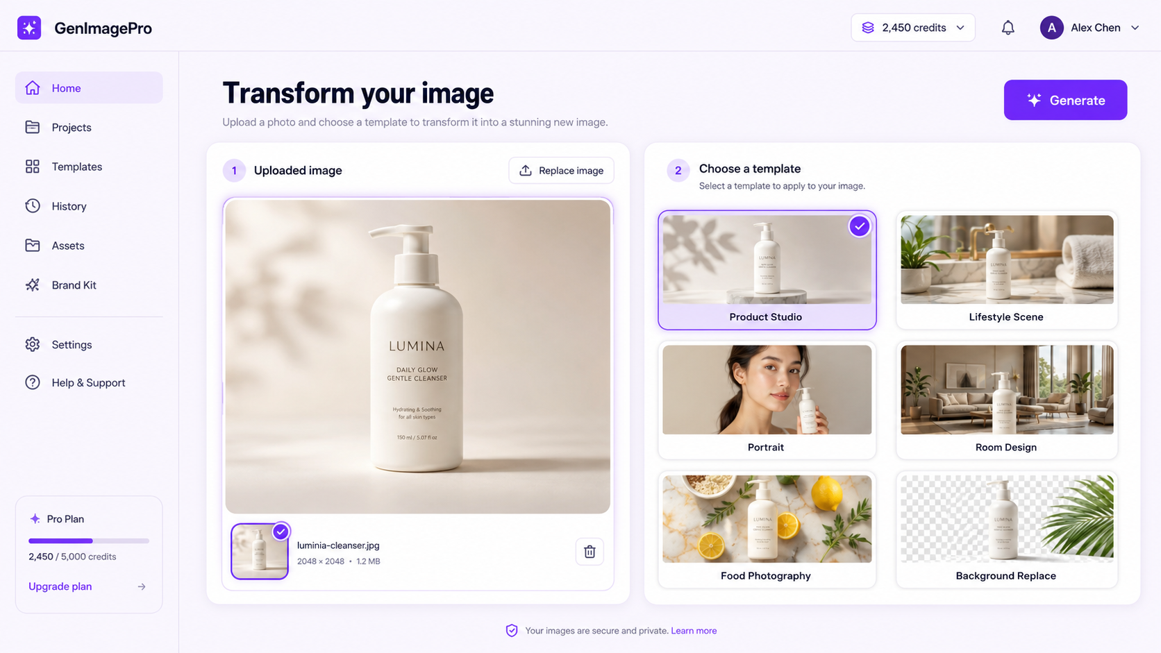 Uploading a source photo and selecting an image-to-image AI template in GenImagePro