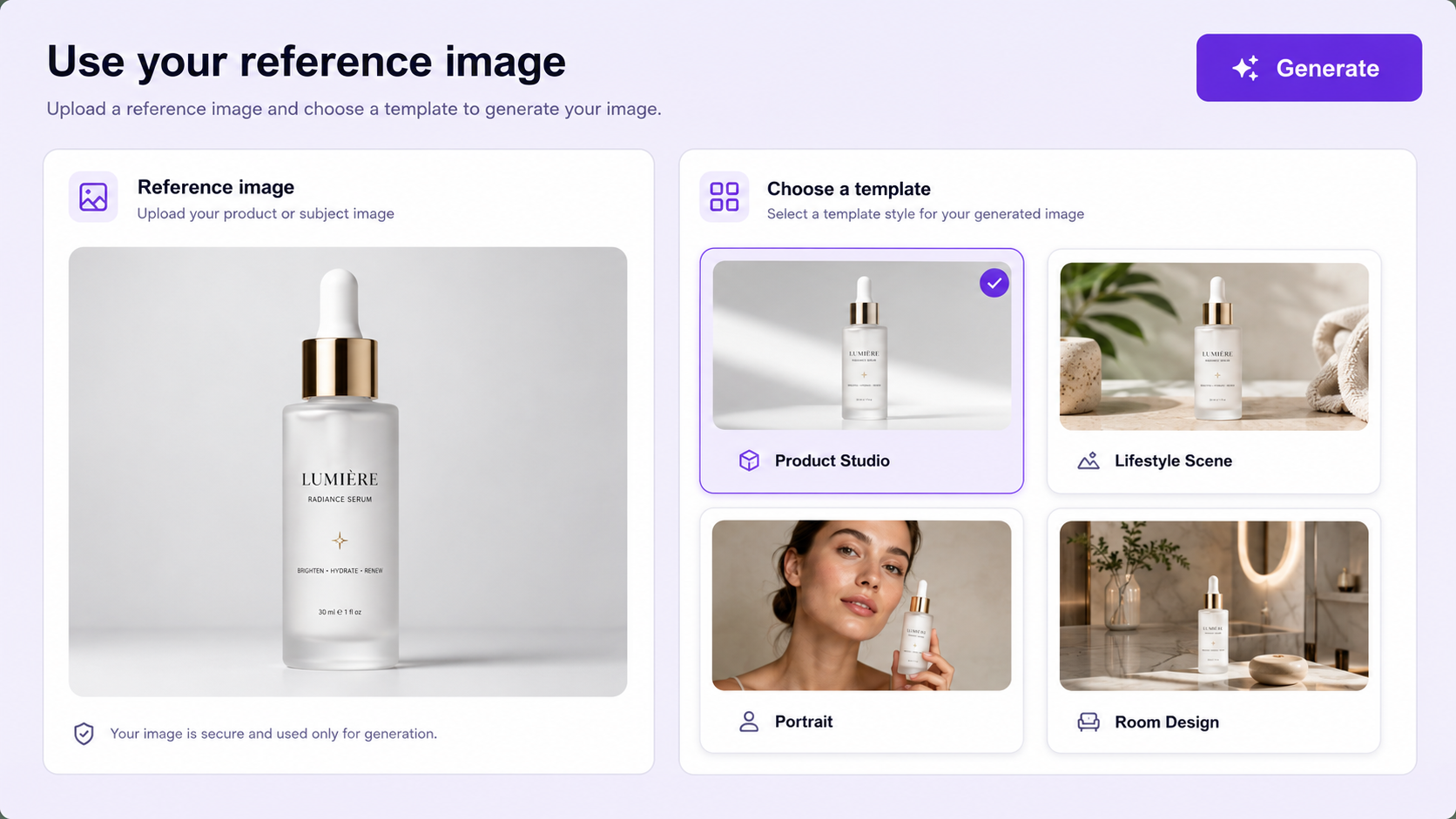 Uploading a product reference image and choosing a visual template in an AI image generator