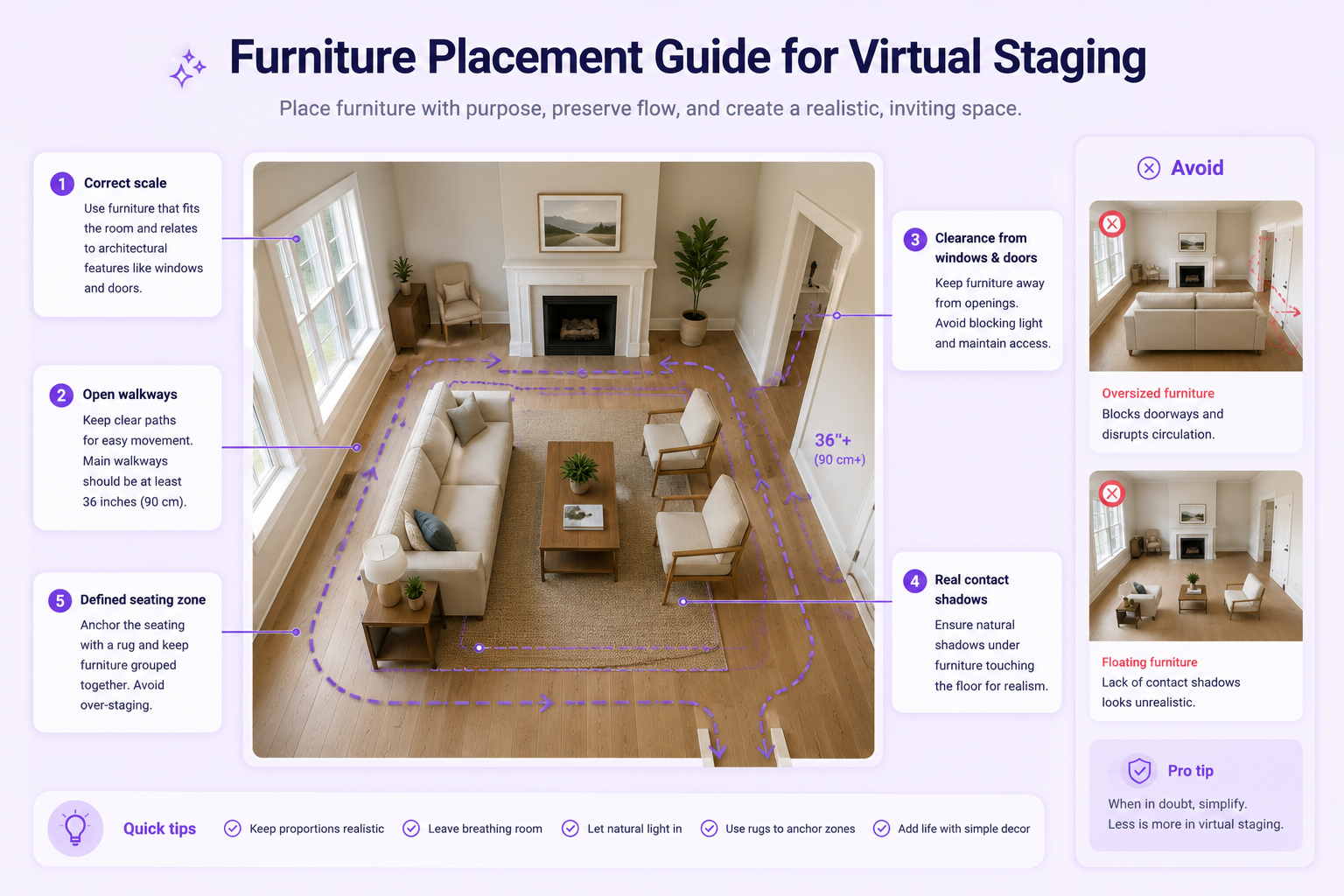 Virtual staging layout guide showing correct furniture scale, open walkways, window clearance, contact shadows, and realistic room zones