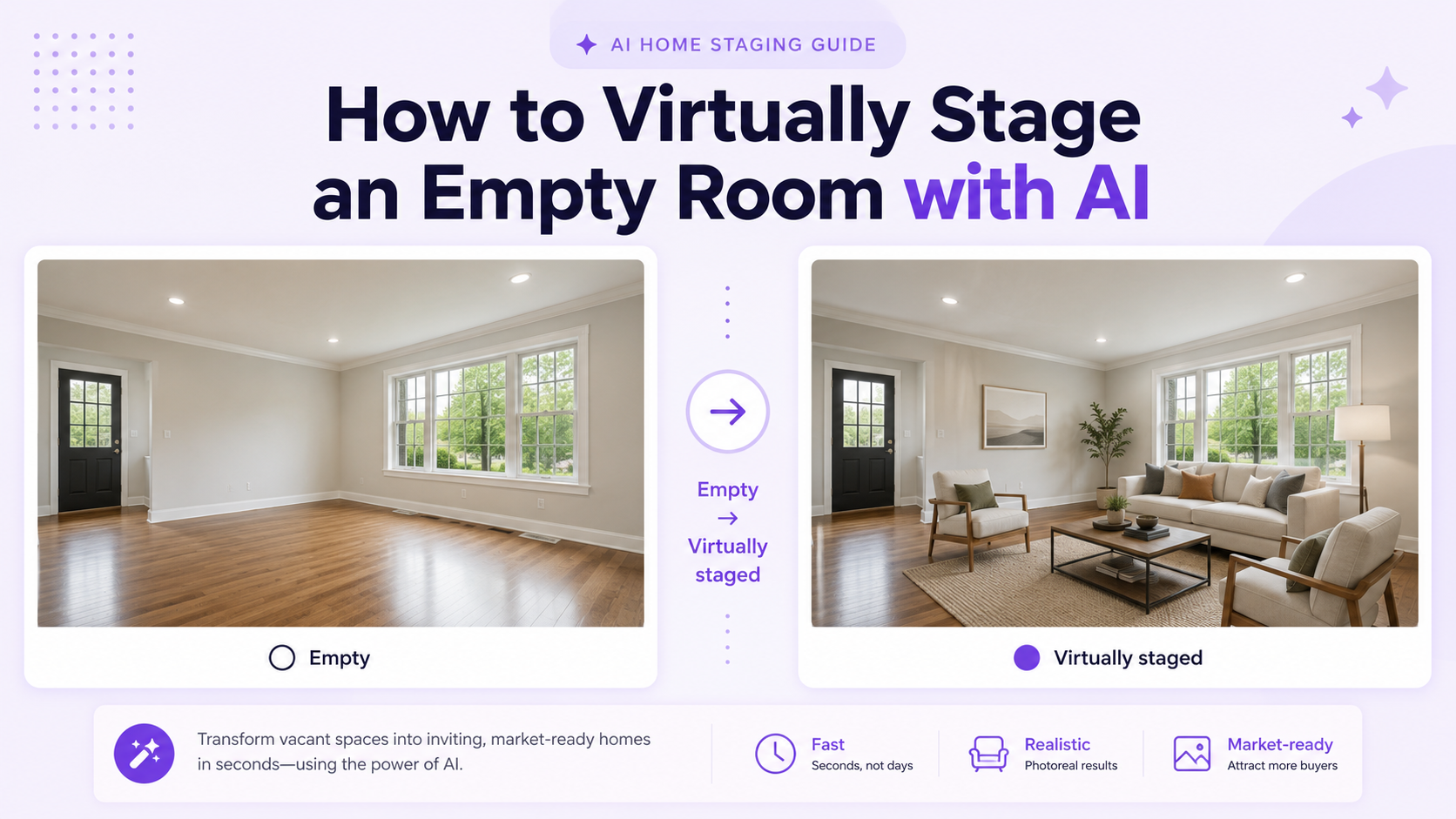 Before-and-after virtual staging of an empty living room with realistic furniture, decor, lighting, and preserved architecture
