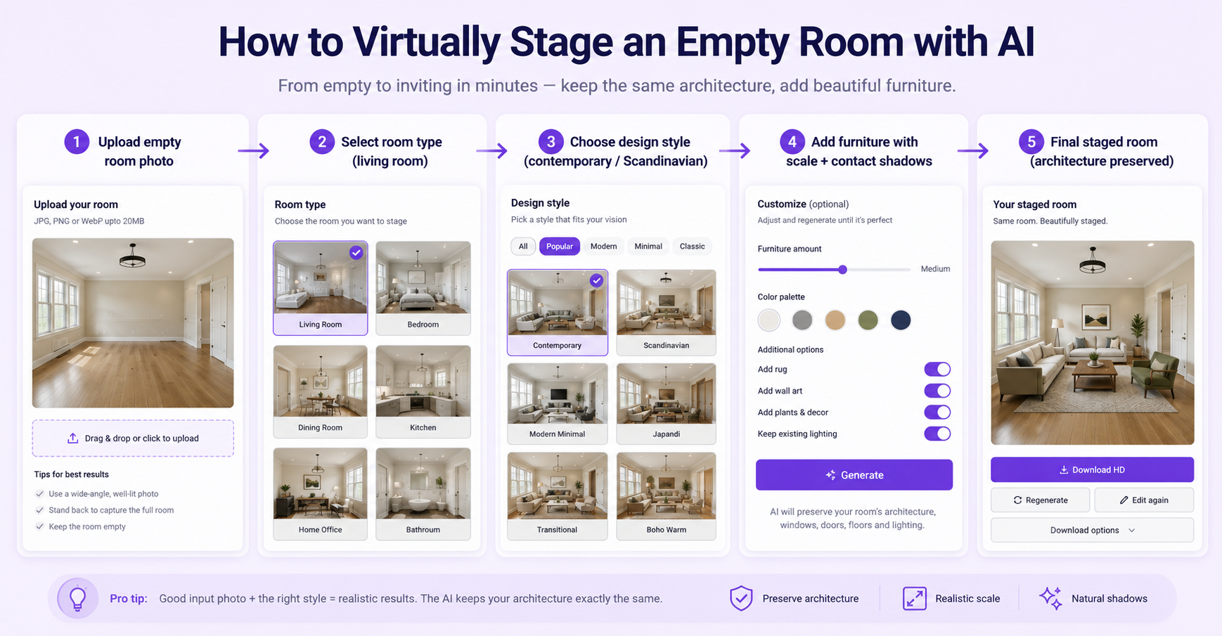 Virtual staging workflow showing empty room upload, room type selection, design style, furniture placement, lighting match, and final staged room