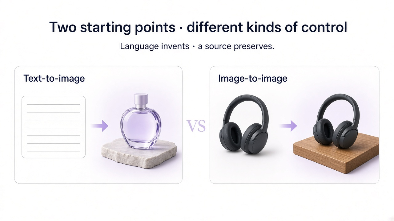 Side-by-side comparison of text-to-image from a written idea versus image-to-image from an uploaded source photo