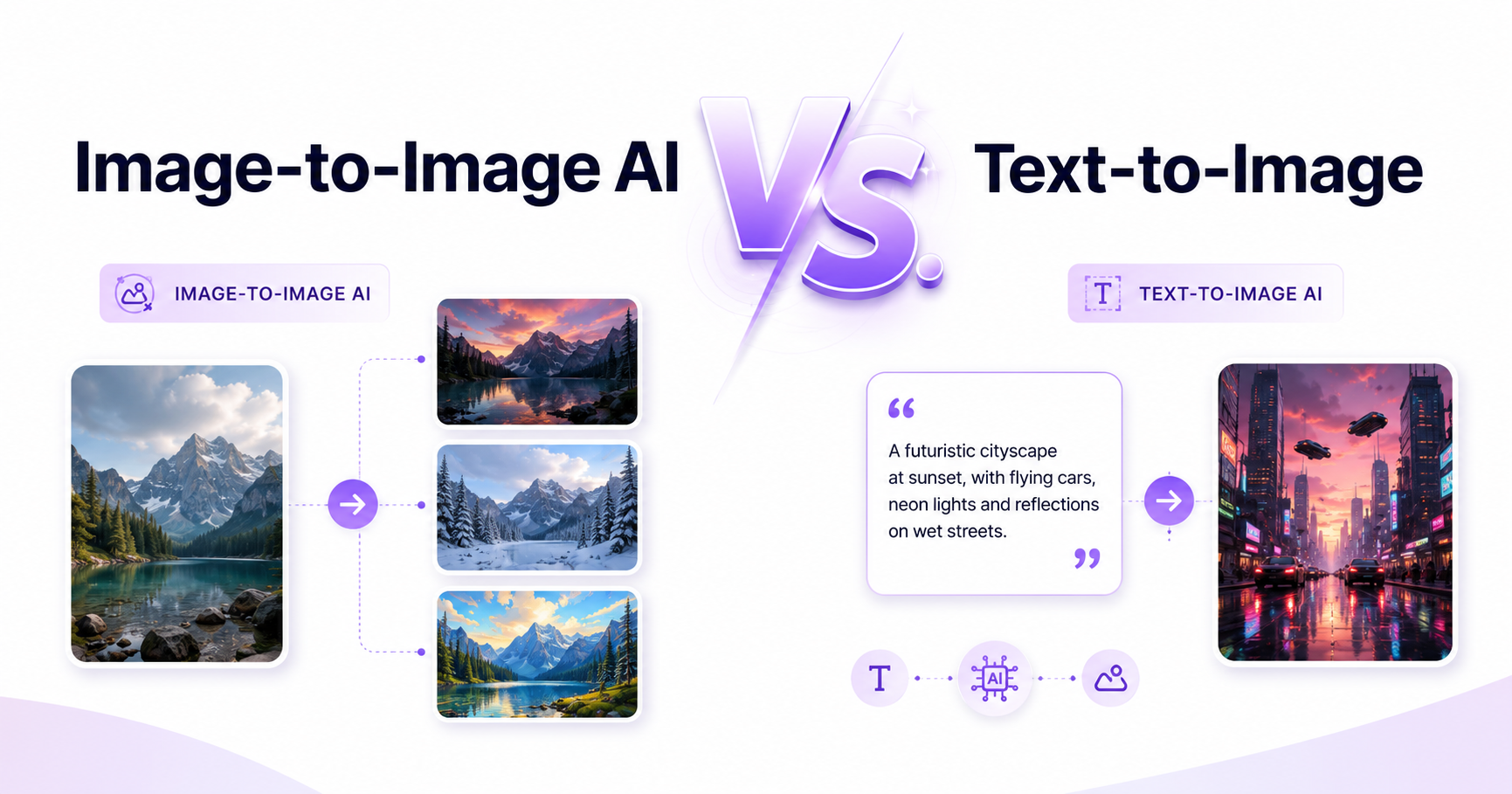 Image-to-image AI workflow transforming existing photos into product images, portraits, room designs, and professional visual variations