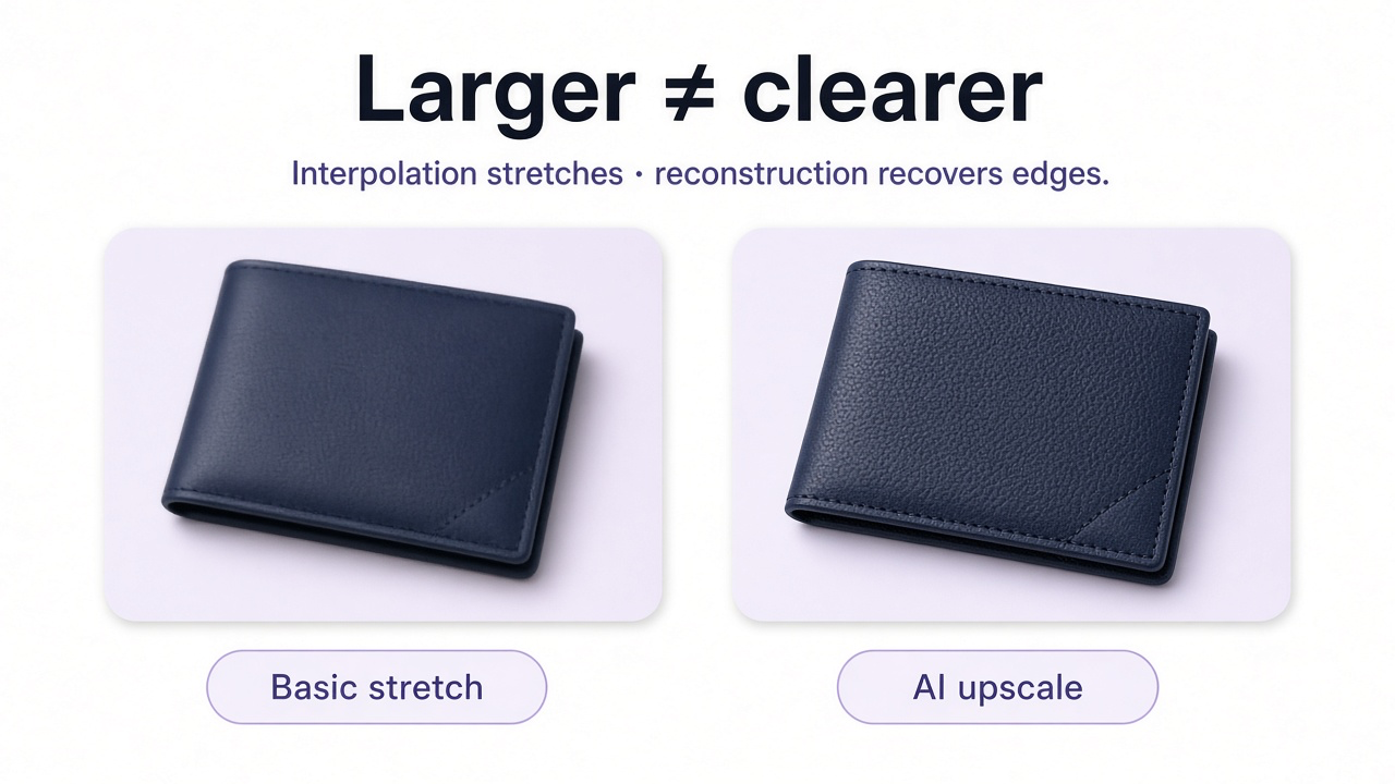 Side-by-side of a stretched soft product crop versus an AI-upscaled version with clearer edges and texture