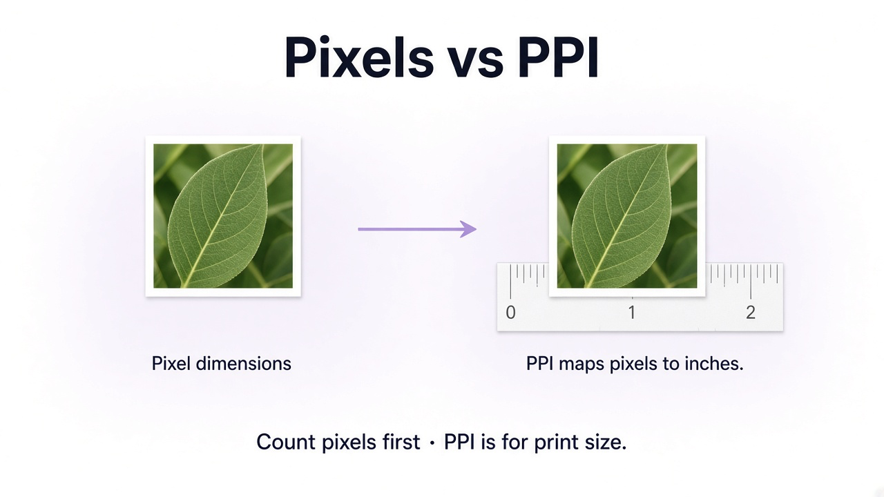 Diagram comparing pixel dimensions of an image with PPI density assigned to print size on a white field