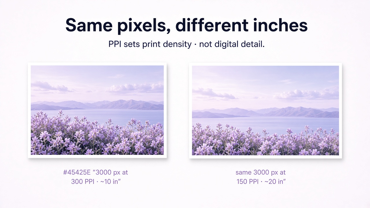 Still-life diagram showing the same pixel-wide image mapped to smaller dense and larger sparse print sizes
