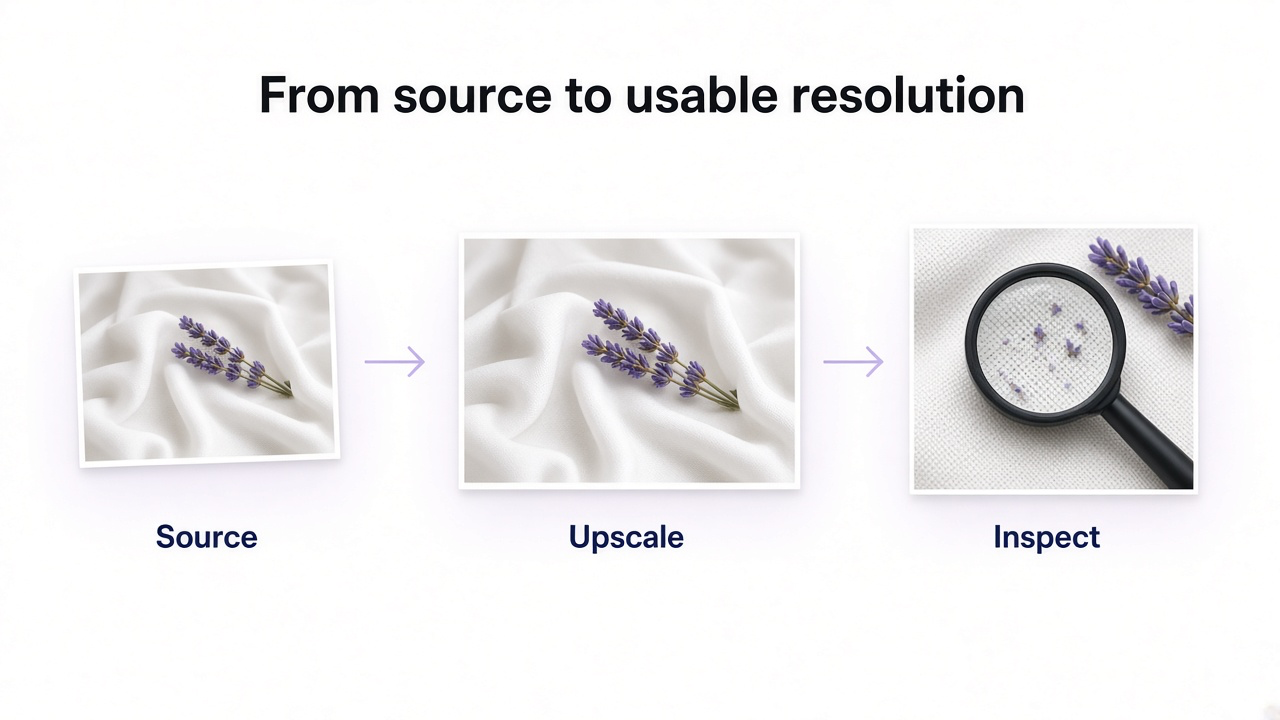 Workflow from original photo upload to high-resolution enhancement and detail inspection