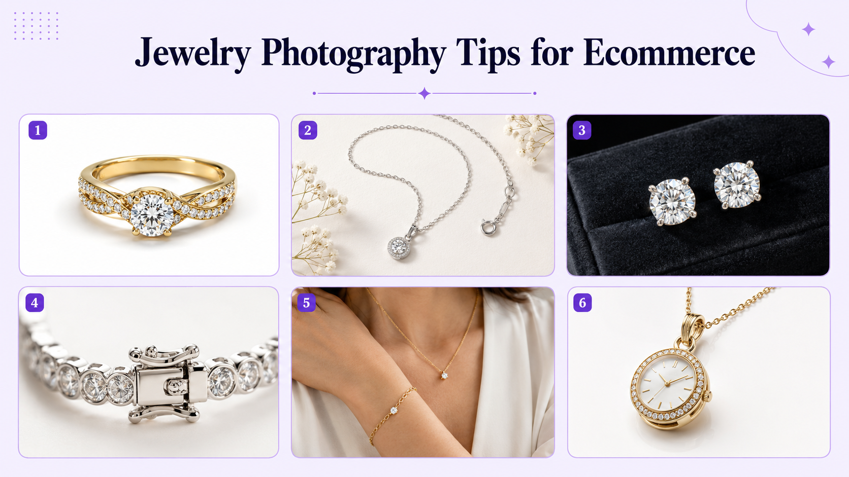 Professional ecommerce jewelry photography showing rings, necklaces, earrings, bracelets, white-background images, macro details, and luxury lifestyle scenes