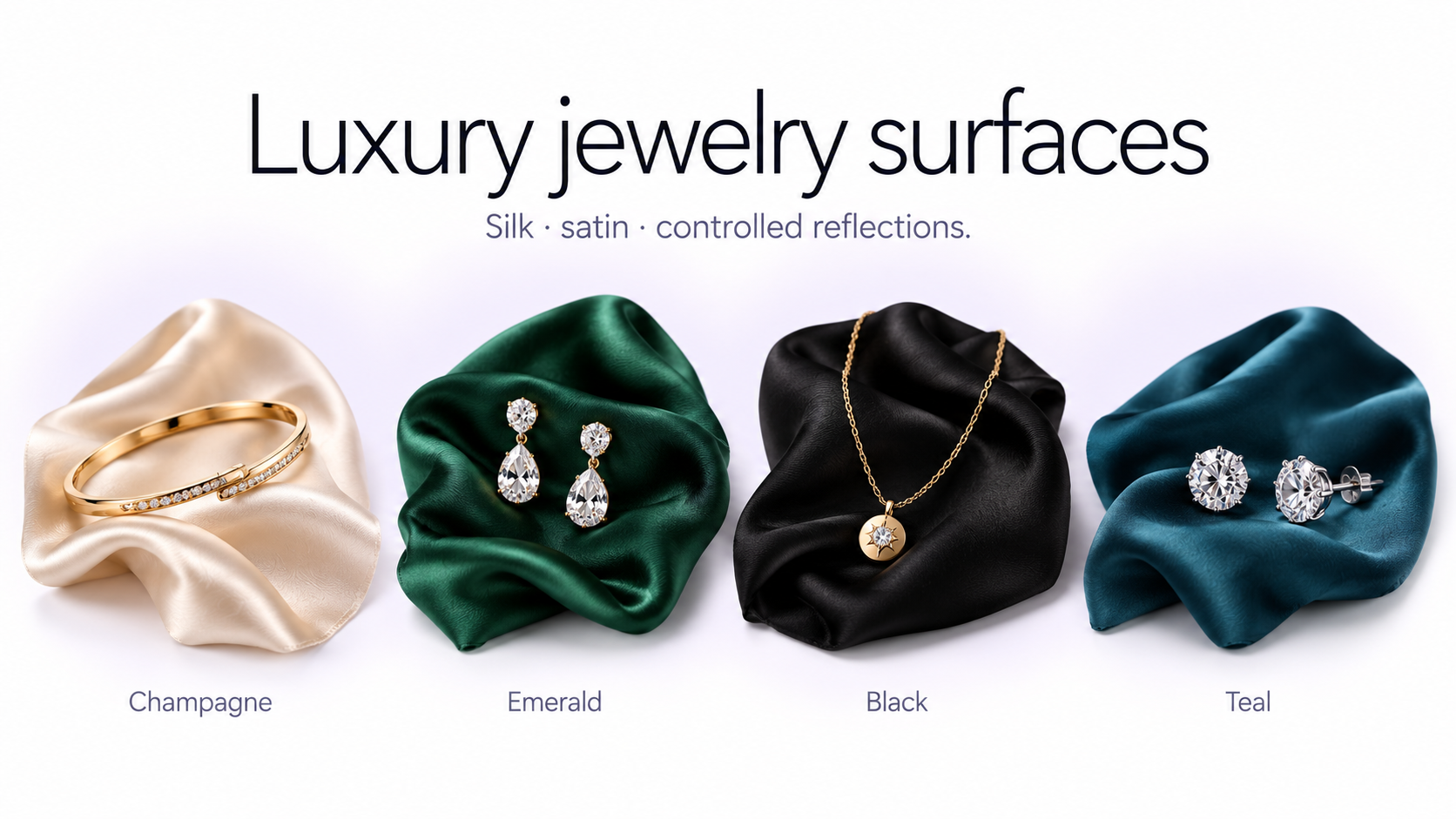 Luxury jewelry photography styles on champagne silk, emerald satin, black silk, and teal satin