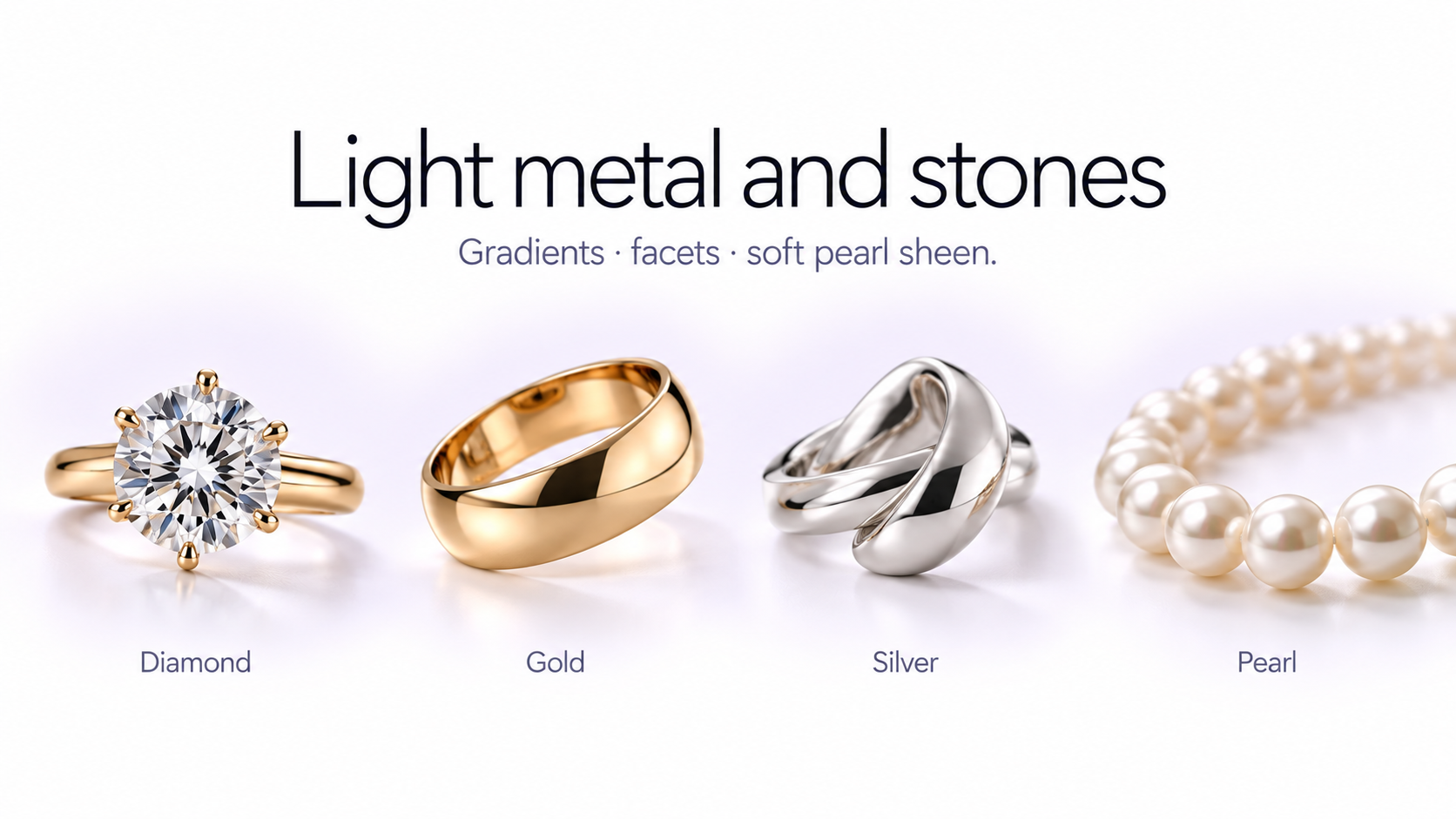 Macro jewelry photography comparing diamond facets, polished gold gradients, silver reflections, and pearl luster
