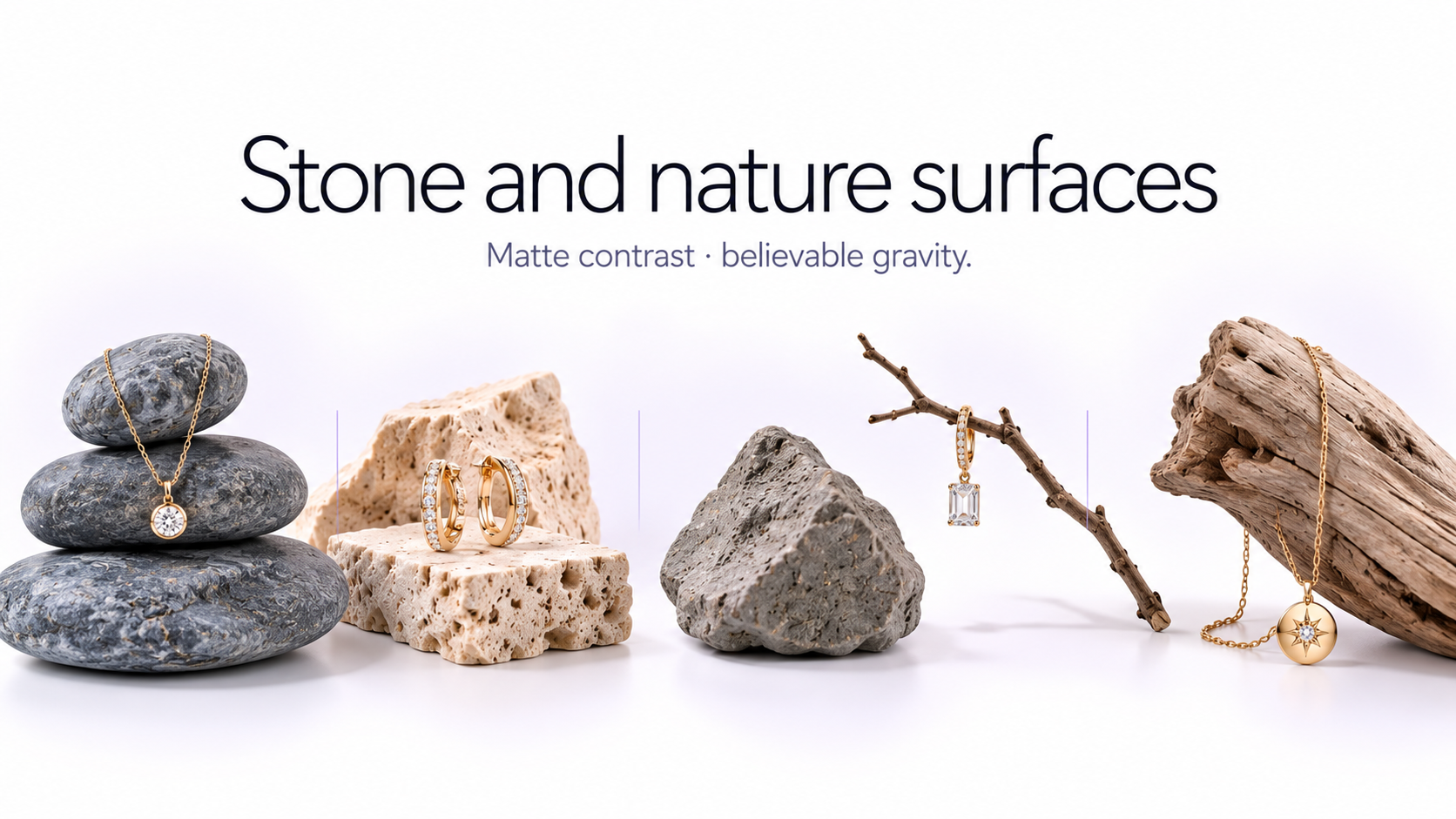 Jewelry product photography on blue stone, limestone, natural rock, branch, and driftwood surfaces