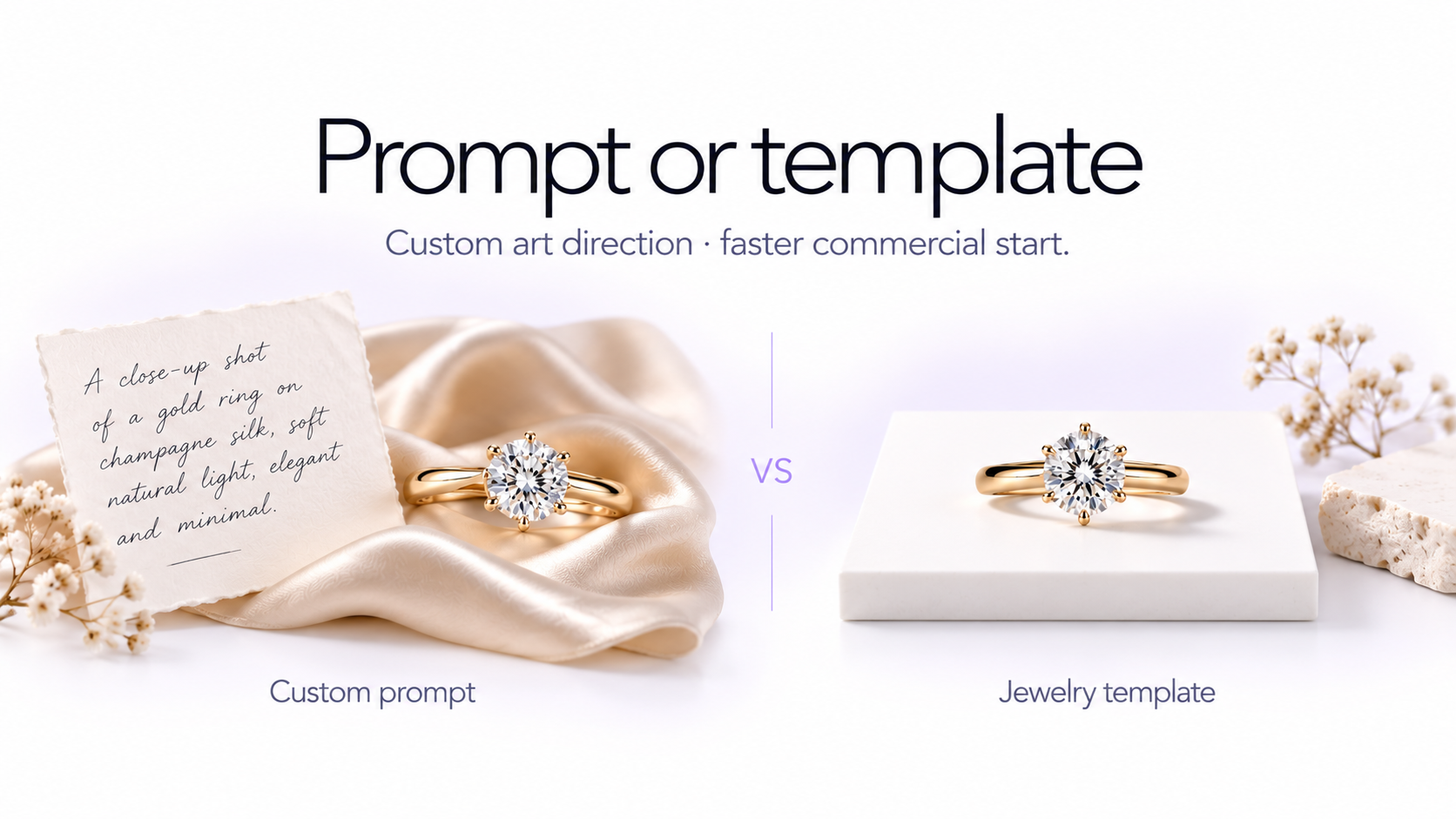Workflow comparing custom jewelry photography prompts with ready-made jewelry templates