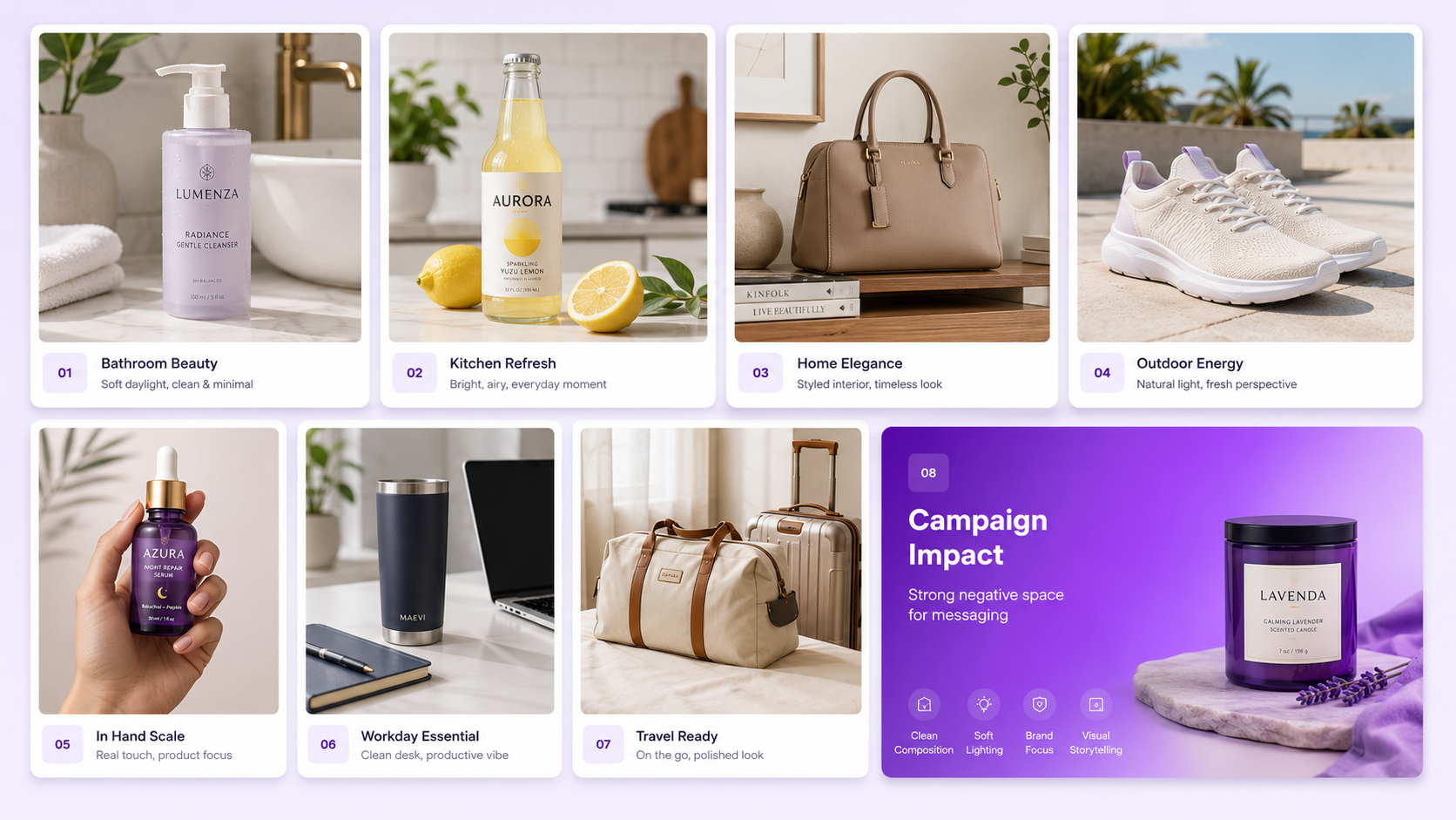 Lifestyle product photography examples showing beauty products in a bathroom, a beverage in a kitchen, a handbag in a home interior, shoes outdoors, and a skincare product held by a model
