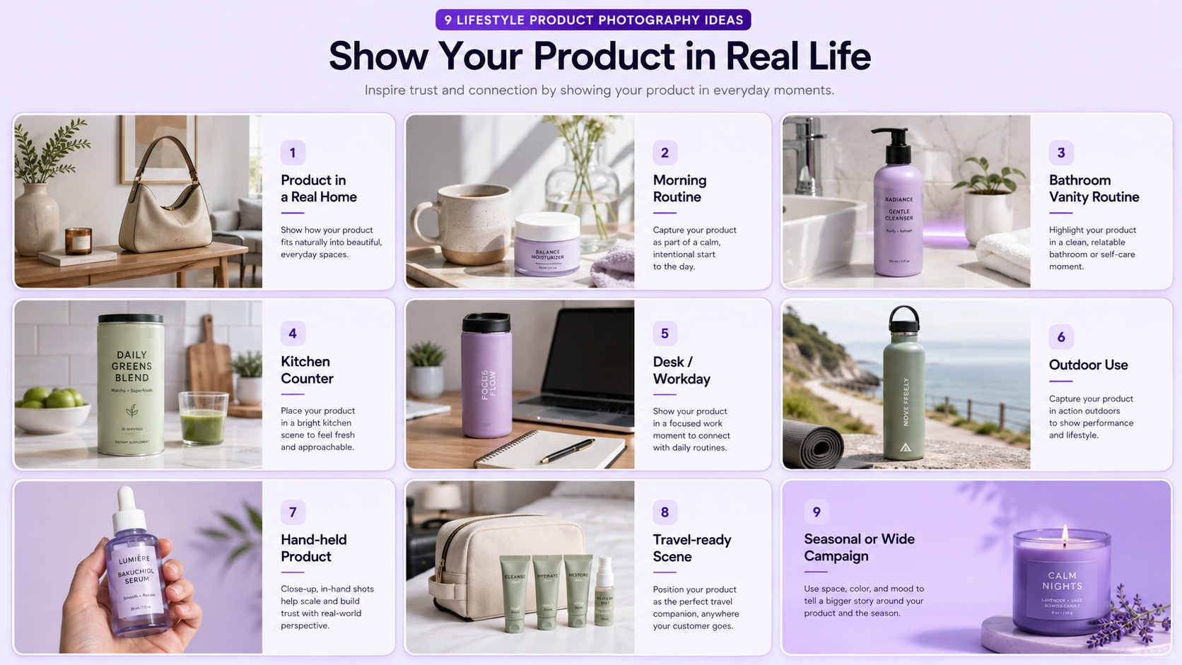 Lifestyle product photography ideas showing products in home, bathroom, kitchen, office, outdoor, travel, hand-held, and seasonal scenes