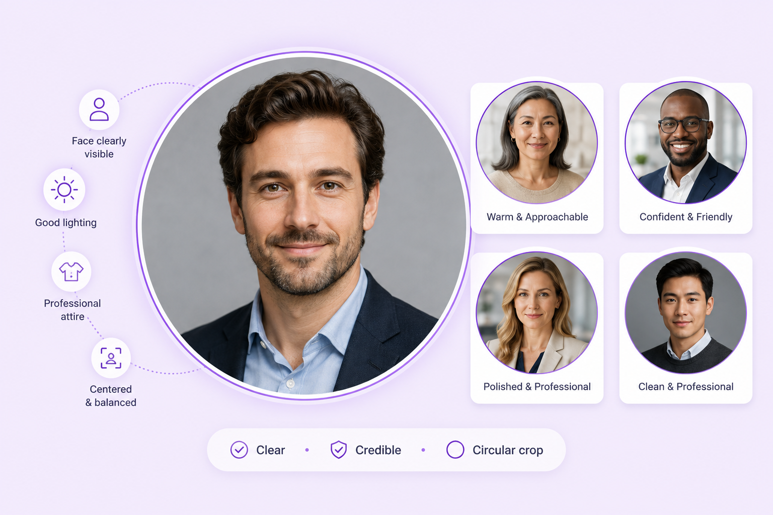 Examples of professional LinkedIn profile pictures showing neutral backgrounds, business-casual clothing, natural expressions, and circular profile crops