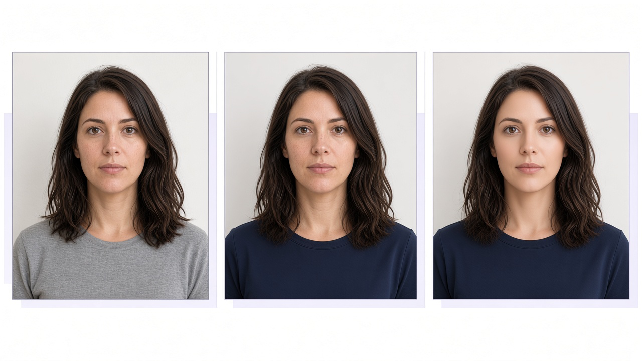 Three portraits of one person: the original photo, a professional edit that keeps the face, and an over-smoothed edit that changes the face