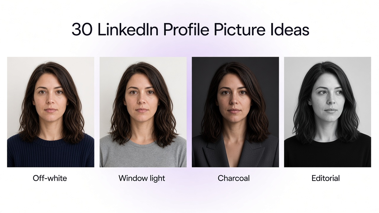 The same person shown in four different LinkedIn headshot styles: off-white studio, window light, dark charcoal, and black-and-white editorial