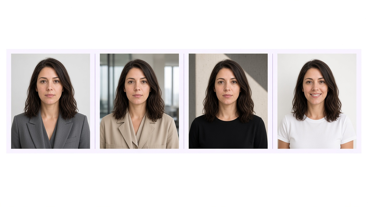 The same person in four LinkedIn looks: gray studio blazer, daylight office, off-center architectural portrait, and a brighter casual portrait