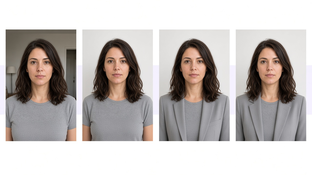 The same person in four steps: a room portrait, the same clothes on a plain background, a blazer added, and a finished headshot