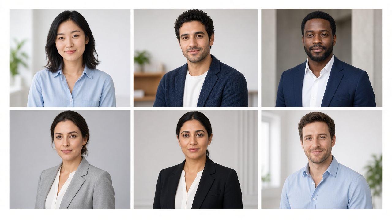 Six different professionals in LinkedIn headshots, from smart-casual workspace portraits to formal studio portraits