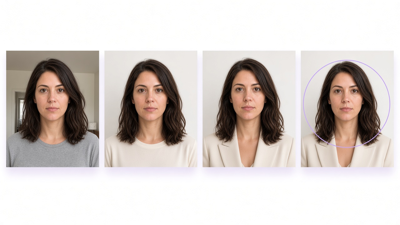 The same person from a casual indoor photo to a cleaner portrait, a studio headshot, and a circular profile crop