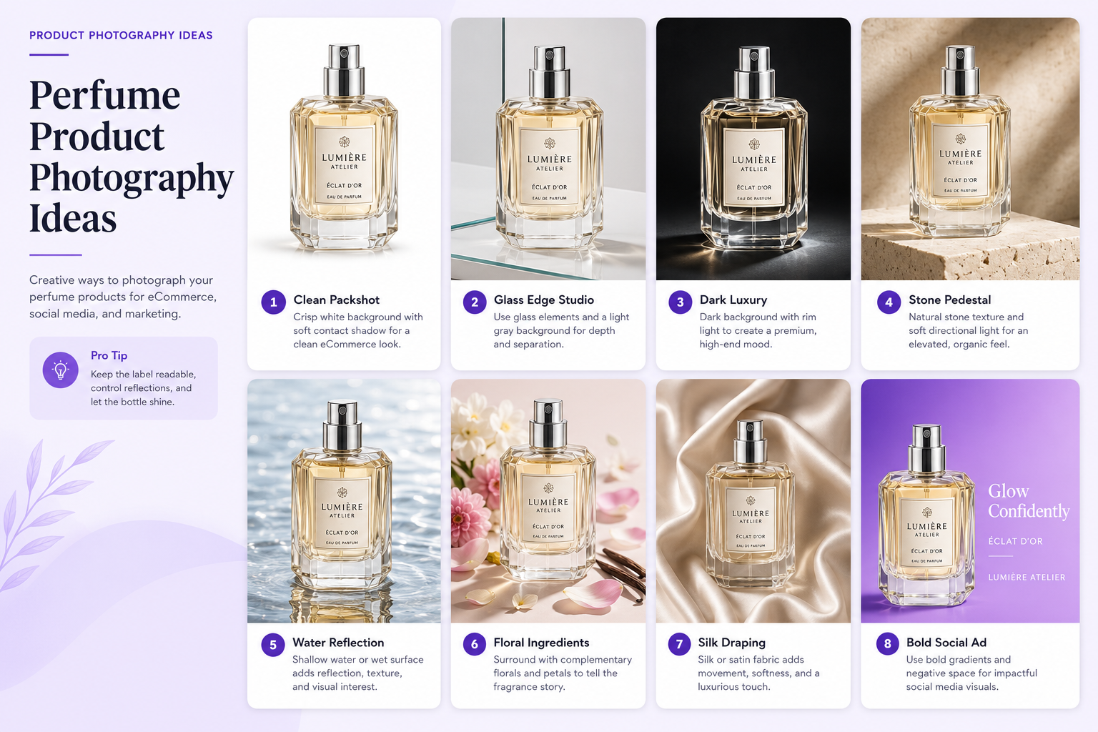 Perfume product photography examples featuring clear glass bottles, dark luxury scenes, stone pedestals, flowers, water, fabric, reflective surfaces, and ecommerce studio setups