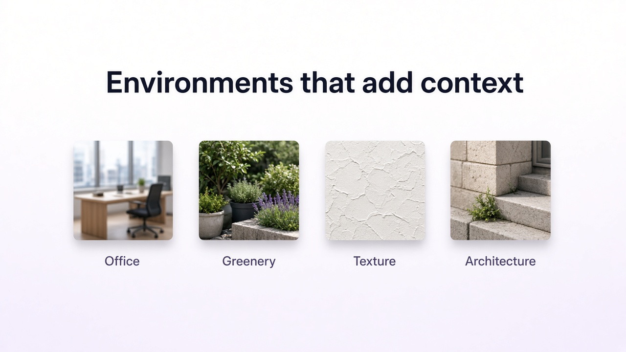 Physical samples representing office, greenery, textured wall, and architecture portrait backgrounds