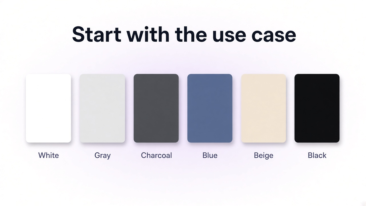 Physical backdrop swatches for white, gray, blue, charcoal, and soft office blur
