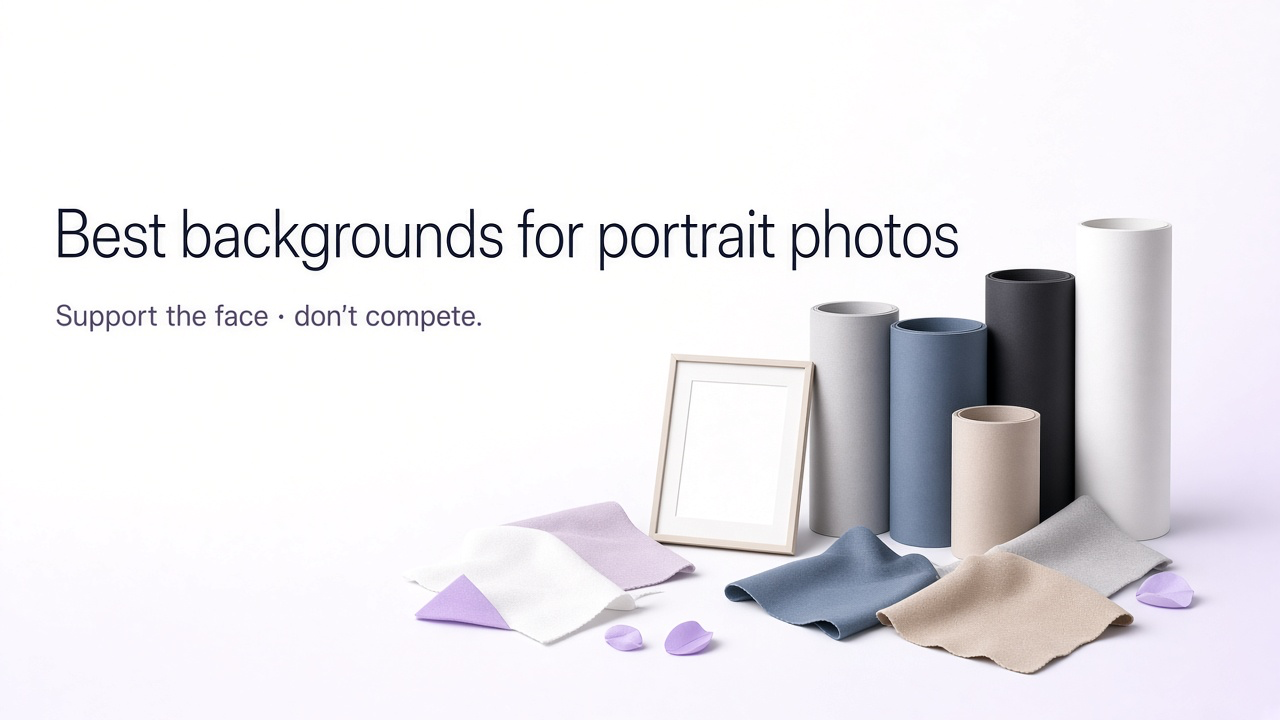 Same portrait shown with white, gray, dark blue, office, outdoor, and textured backgrounds