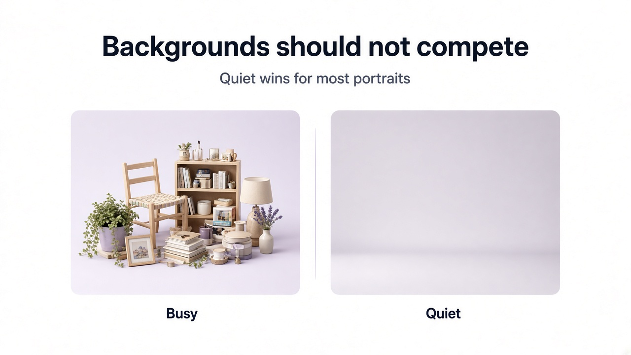 Busy cluttered backdrop versus quiet gray studio backdrop for portrait support