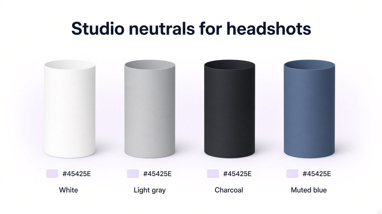 Studio backdrop rolls in white, light gray, charcoal, and muted blue for portrait headshots