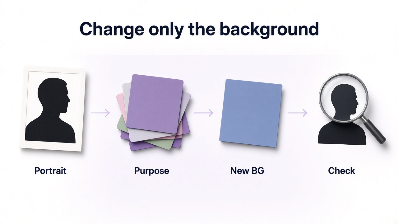 Workflow from portrait source to purpose to new background to edge check