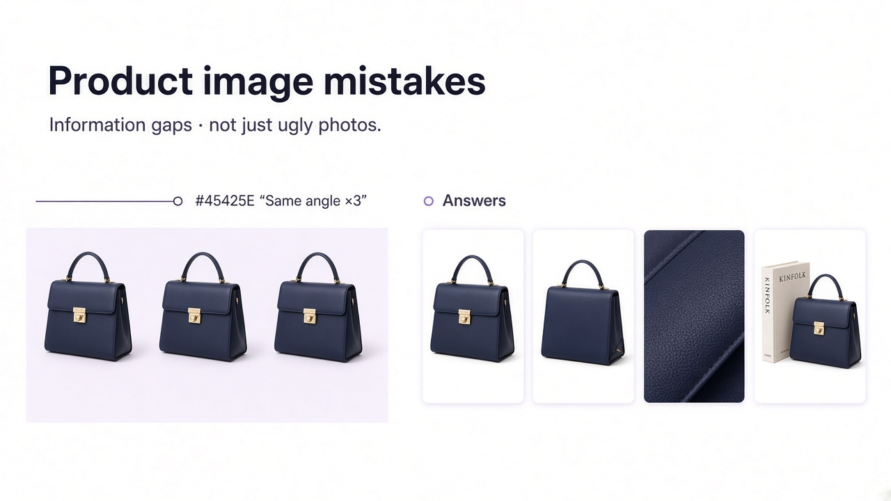 Ecommerce gallery mistakes versus clearer product images that answer size, detail, and what’s included