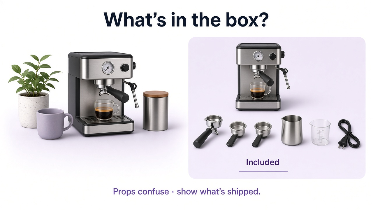 Lifestyle scene with ambiguous props versus a clear what’s-included flat arrangement of the product and accessories