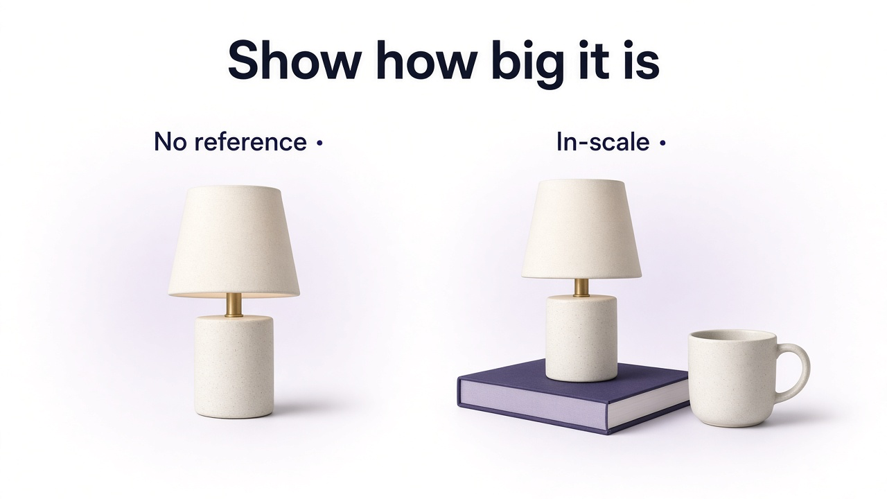 Product alone with no size cue next to the same product beside a familiar book for scale