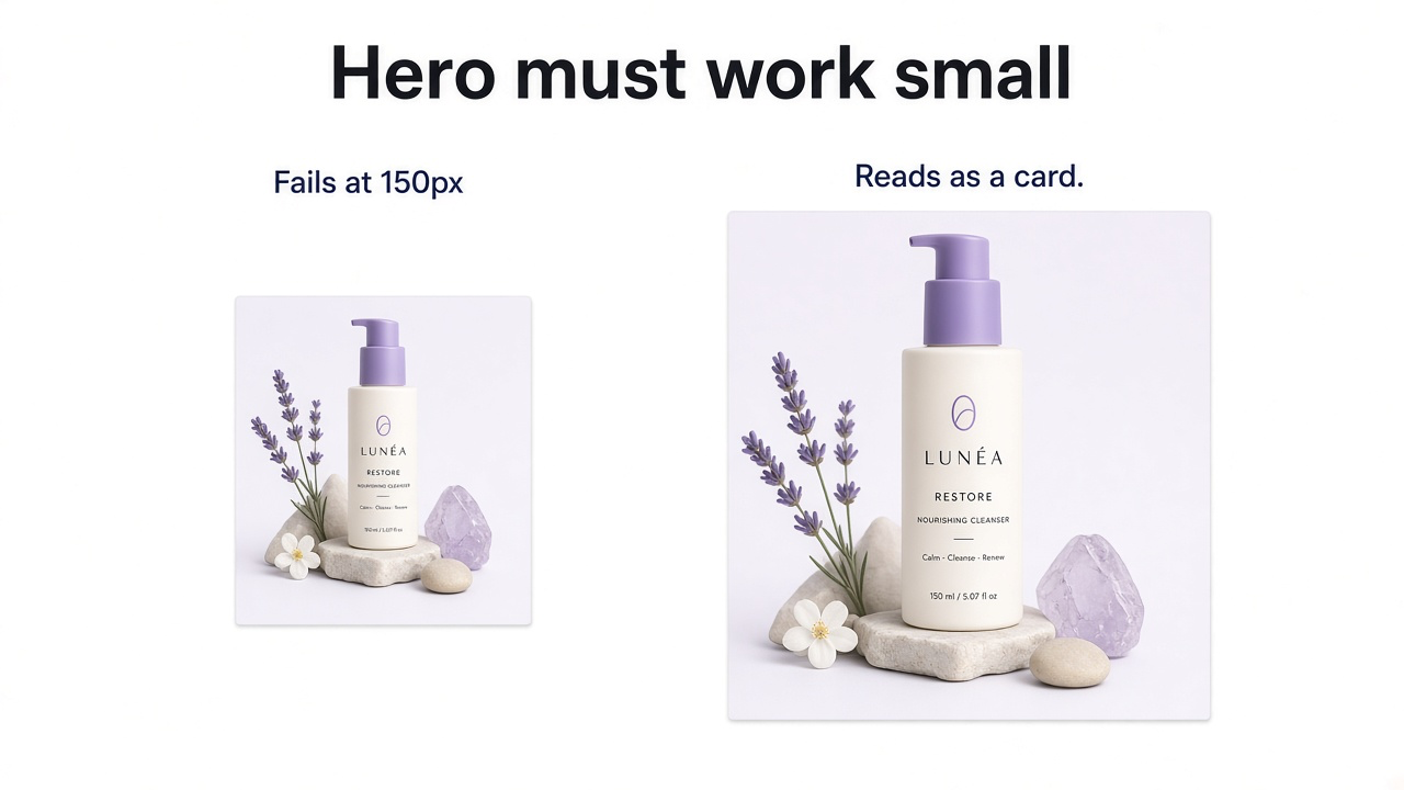 Elegant but unreadable tiny product card next to a clear product-first thumbnail