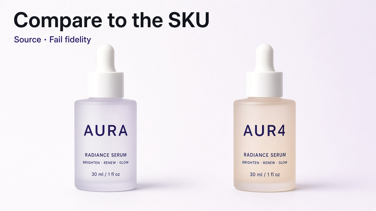 Approved packshot beside a drifted version with wrong label and proportions