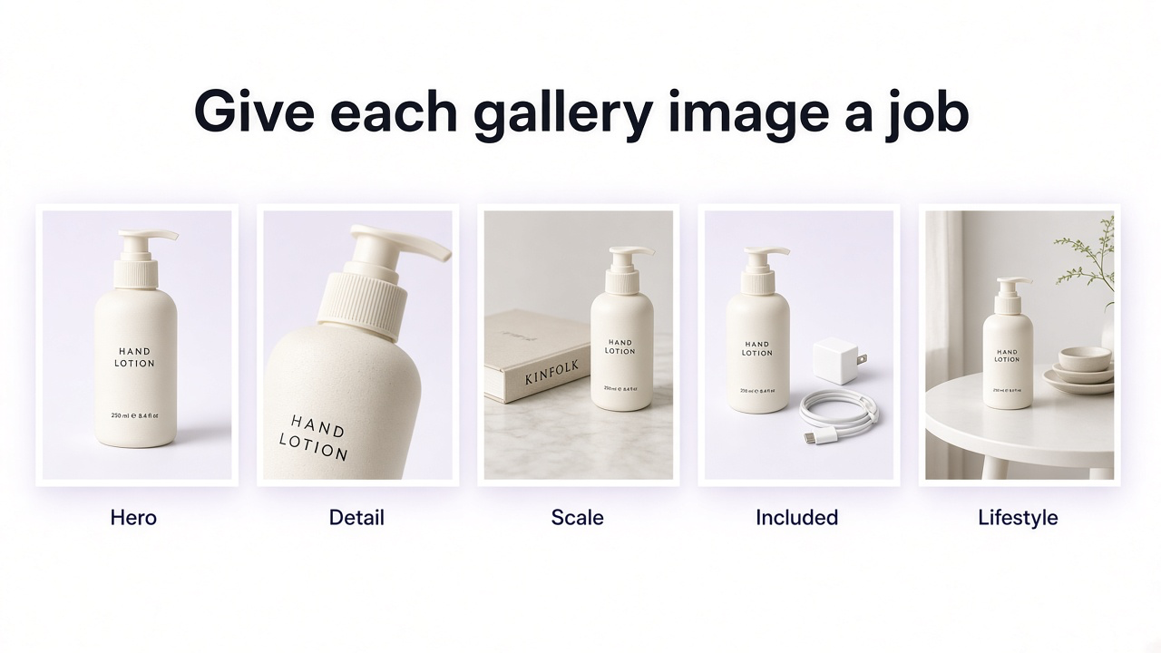 Product gallery jobs: hero, detail, scale, included items, and lifestyle