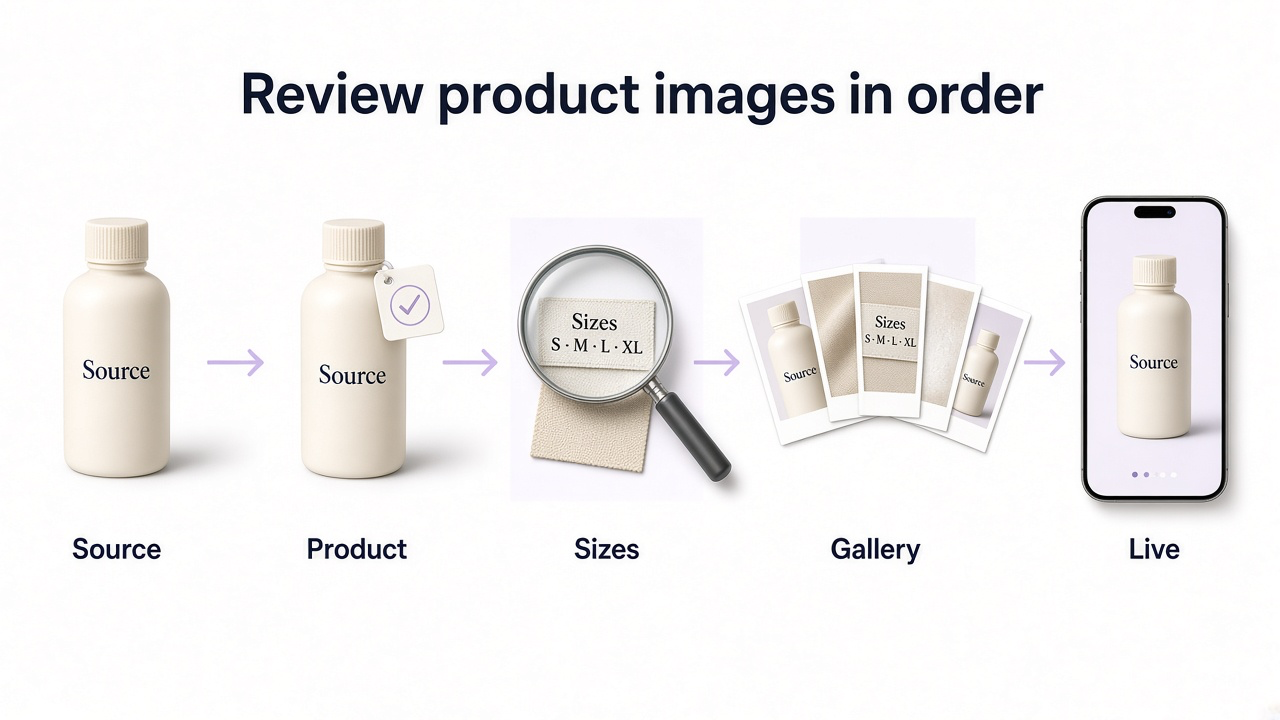 Five-step product image review: source, product truth, real sizes, gallery jobs, live page