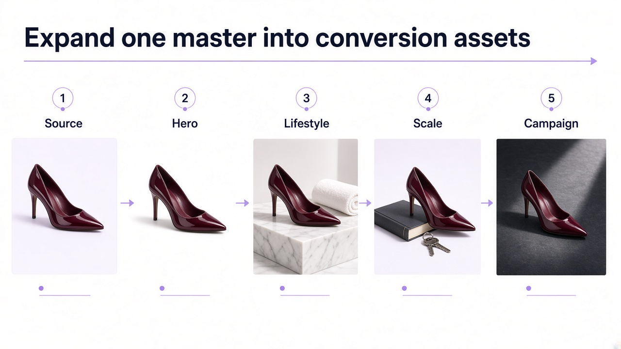 Workflow from one product master to hero, lifestyle, scale, and campaign assets