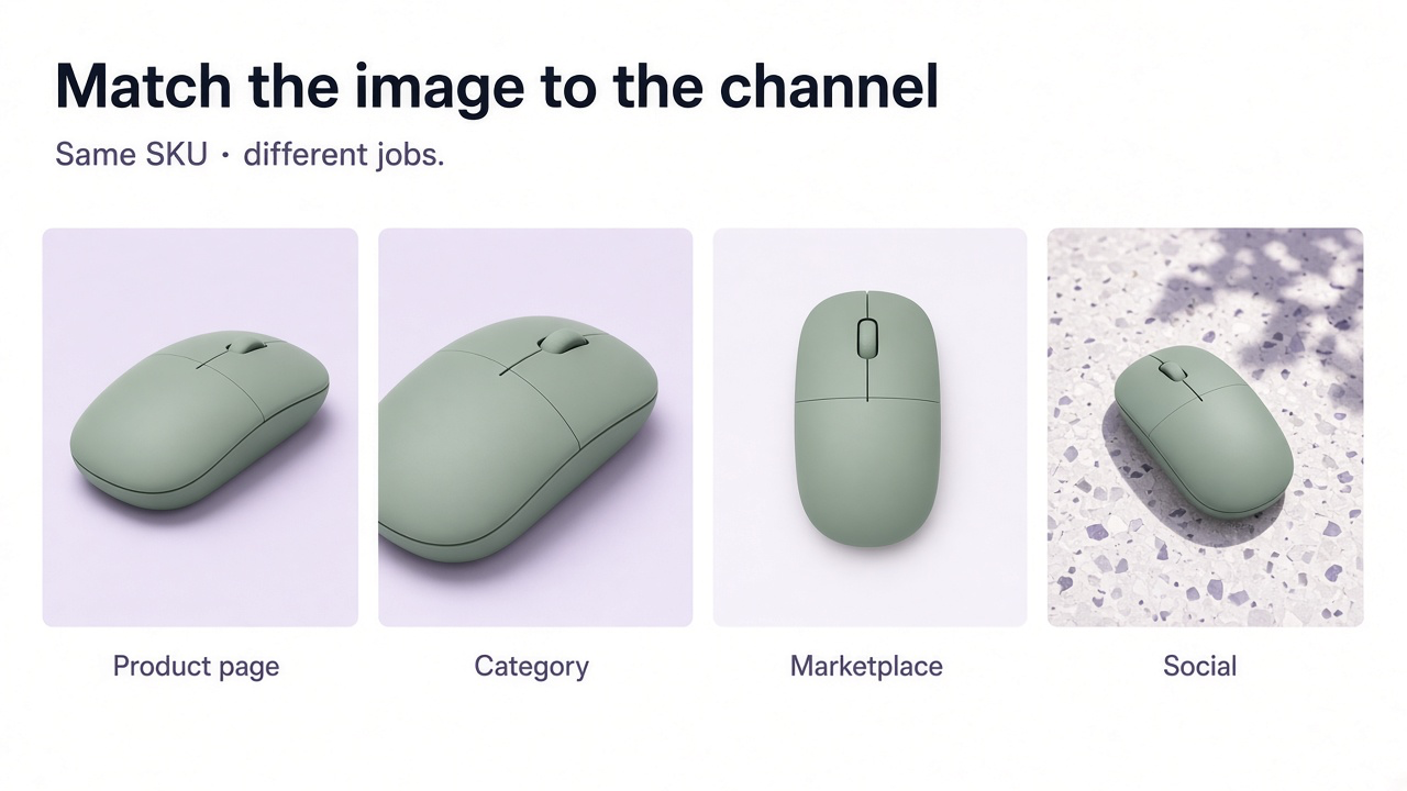 Same product treated for product page, category thumbnail, marketplace, and social
